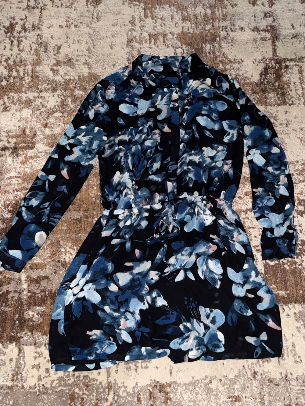Navy Floral Long Sleeve Tie-Waist Dress